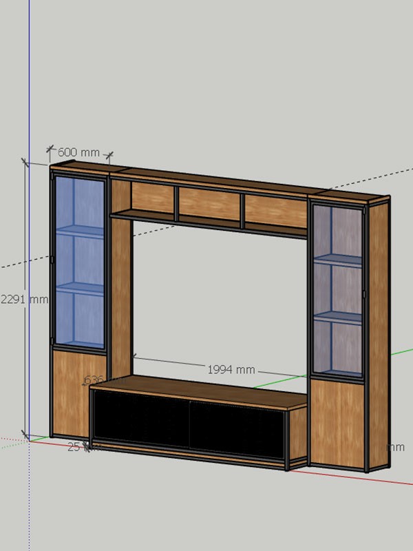 CAD Planung Industrial Regal Raumteiler aus Holz und Stahl mit TV-Konsole