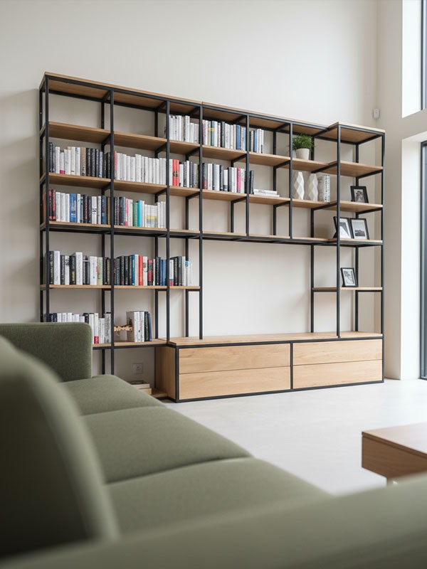 Raumteiler-Regal nach Maß im Industrial Design, Stahlrahmen und Eichenholz, Loft-Wohnzimmer