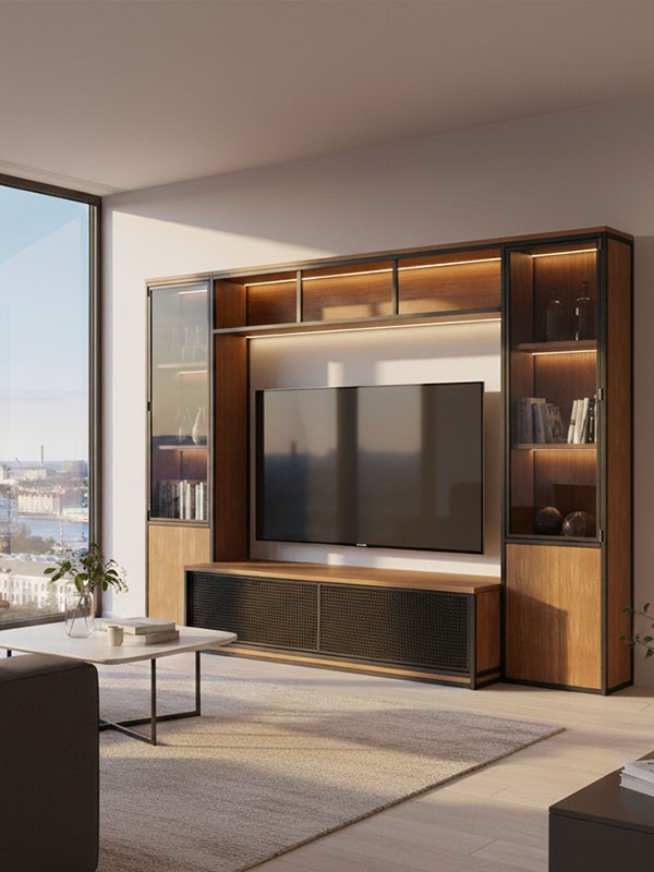 Großes Regal-Raumteiler-Möbel im Industrial Design aus Holz und schwarzem Stahl, deckenhohes Bücherregal mit integrierter Lowboard-Konsole im Wohnraum