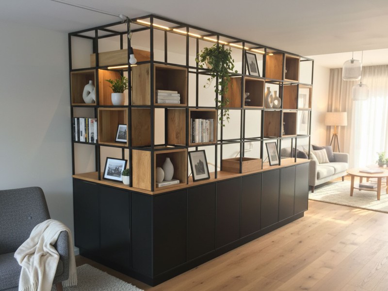 Wohnzimmerschrank Industriedesign Stahtueren Eichenholz