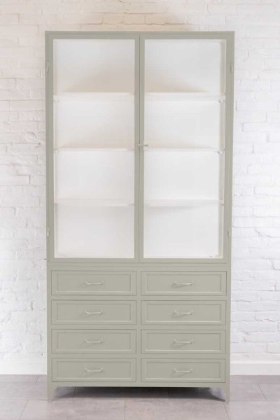 Metallschrank mit Glastüren und 8 Schubladen